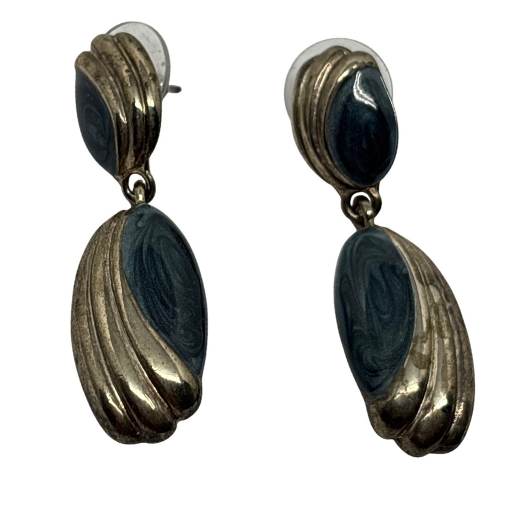 Vintage Heavy Silver Tone Dangle Earrings Blue Swirl Drop Earrings Women's‎